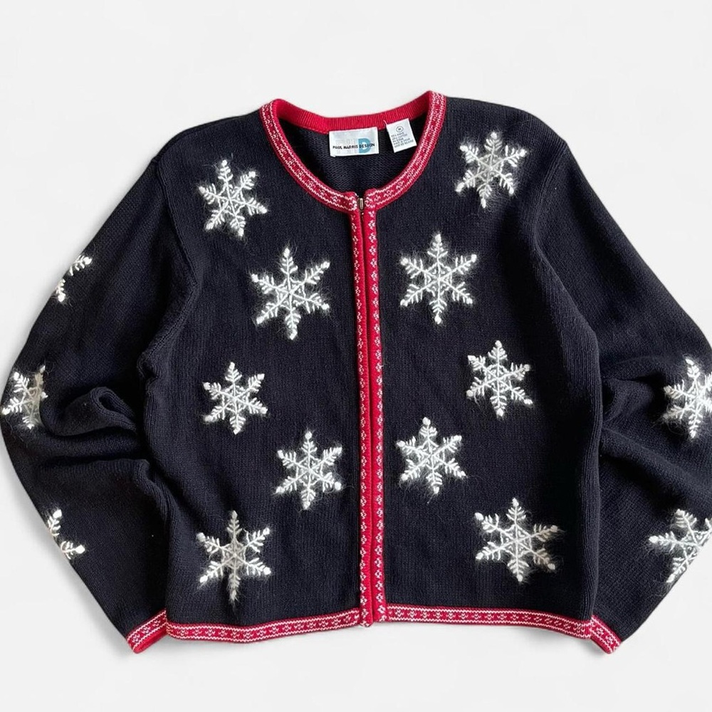 Paul Harris Design Black Knit Red Trim Knit Cardigan  Embroidered Snowflakes M